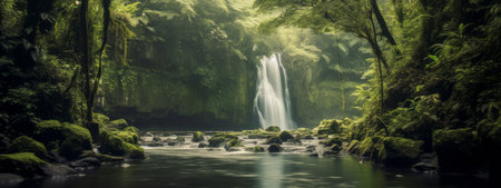 A dreamy and ethereal capture of a waterfall surrounded by lush greenery, evoking a sense of serenity and natural beauty. Web banner backdrop. Generative Aiの素材