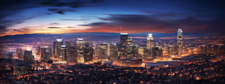 A nighttime image featuring the dazzling lights of a city skyline, conveying a sense of urban energy and capturing the excitement of city life. Web banner background. Generative Aiの素材