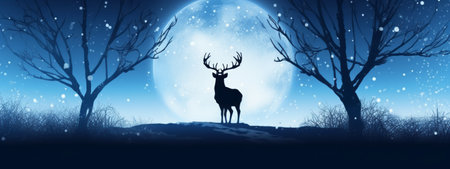 A graceful silhouette of a reindeer against a moonlit sky, conveying the enchantment and magic of Christmas. Web banner backdrop. Generative AIの素材