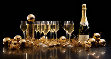 Popping champagne bottles, golden bubbles, and cascading champagne glasses, capturing the spirit of celebration and luxury for a captivating Christmas design. Generative AIの素材