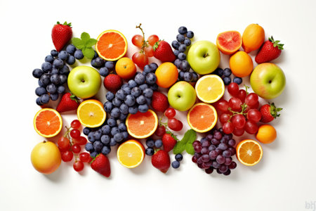 Colorful fruits, including oranges, apples, grapes, and berries, arranged neatly on a clean white background, perfect for promoting healthy eating and a balanced lifestyle. Generative Aiの素材