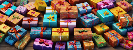 A vibrant stack of beautifully wrapped gift boxes in various sizes and patterns, conveying the joy and spirit of giving. Web banner backdrop. Generative AIの素材