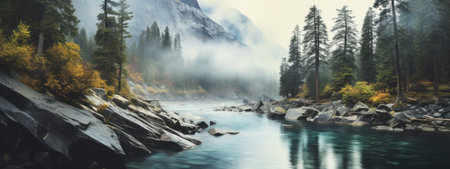 Breathtaking landscape with vibrant colors and natural elements such as mountains, forests, or waterfalls, creating a captivating and serene web banner. Generative AIの素材