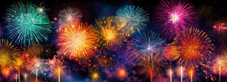 An explosion of colorful fireworks lighting up the night sky, creating a festive and celebratory atmosphere. Web banner backdrop. Generative Aiの素材