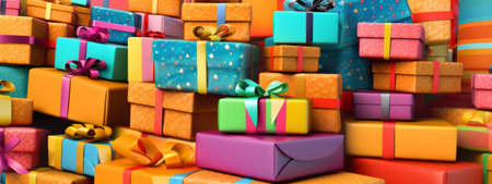 A vibrant stack of beautifully wrapped gift boxes in various sizes and patterns, conveying the joy and spirit of giving. Web banner backdrop. Generative AIの素材