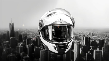 An image featuring a motorbike helmet surrounded by an urban cityscape, emphasizing the helmet's compatibility with urban commuting and its importance for city riders. Generative Aiの素材