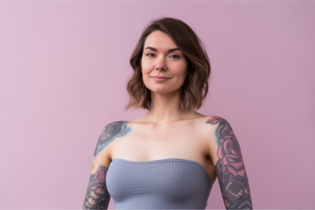 Happy body positive female posing in studio shot. Pastel colored background. Generative AIの素材