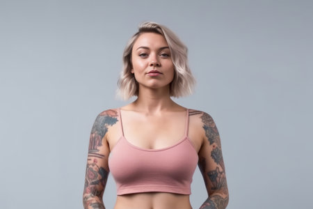 Happy body positive female posing in studio shot. Pastel colored background. Generative AIの素材