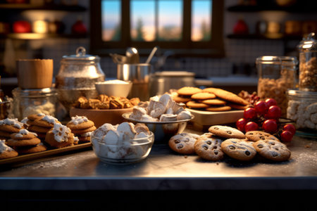 A kitchen counter filled with freshly baked cookies, gingerbread houses, and festive treats, capturing the joy and deliciousness of holiday baking traditions. Generative Aiの素材
