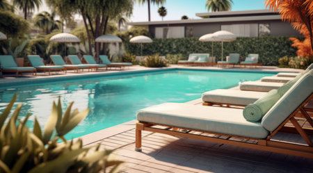 A pool with stylish furniture, decorative plants, and a well-maintained surrounding area, demonstrating an inviting and aesthetically pleasing poolside atmosphere. Generative Aiの素材