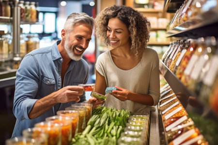 A nutritionist guiding a client through a grocery store, selecting nutritious ingredients, and reading food labels, promoting informed food choices. Generative AIの素材