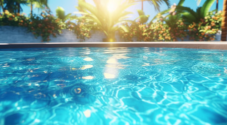 A clean and sparkling pool with crystal clear water, glistening in the sunlight, inviting viewers to dive in and enjoy a refreshing swim. Generative AIの素材