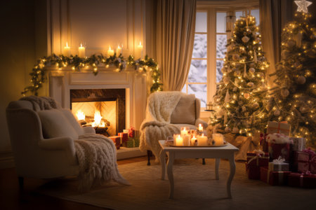 A cozy living room with a crackling fireplace, adorned with stockings, garlands, and flickering candles, evoking a sense of warmth and comfort during the holidays. Generative Aiの素材