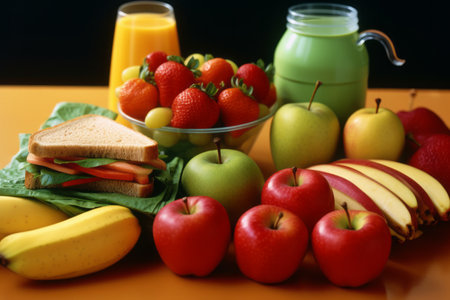 Balanced and nutritious school lunch, featuring colorful fruits, vegetables, sandwiches, and a carton of milk, promoting healthy eating habits among students. Generative Aiの素材