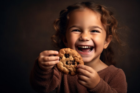 A child holding a cookie with a big smile on their face, showing the joy and excitement that comes with enjoying a delicious treat. Generative Aiの素材