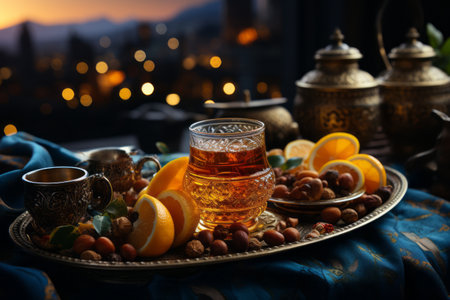 Traditional Moroccan tea set on a patterned rug, capturing the essence of Moroccan hospitality. Generative Aiの素材