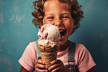 Childs hands holding a dripping ice cream cone with a big smile, evoking pure delight and capturing the simple joy of indulging in ice cream. Selective focus on ice cream. Generative Aiの素材