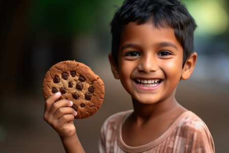 A child holding a cookie with a big smile on their face, showing the joy and excitement that comes with enjoying a delicious treat. Generative Aiの素材