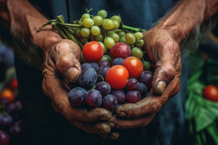 A close-up shot of a farmer's weathered hands holding a handful of fresh, organic produce, emphasizing the connection between the farmer and the quality of the food. Generative AIの素材