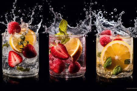 A collage of various fruits submerged in sparkling mineral water, portraying the drink as a healthy and flavorful choice. Generative Aiの素材