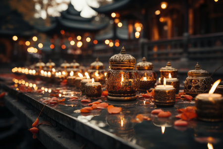 A mesmerizing photo of a Buddhist temple illuminated by soft candlelight or lanterns, creating a serene and peaceful ambiance. Generative Aiの素材