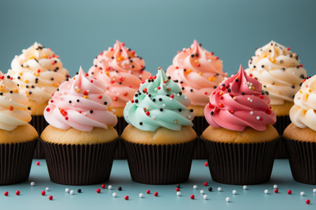 Colorful pastel birthday cupcakes on a pastel background. Generative Aiの素材