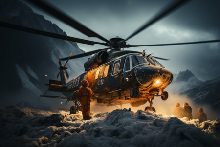 A dramatic aerial view of a helicopter airlifting a person to safety from a snow-covered peak, showcasing the expertise and bravery of mountain rescue operations. Generative Aiの素材
