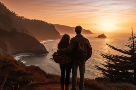 A couple on a romantic getaway, exploring a dreamy destination and enjoying a scenic view together, emphasizing the idea of love and adventure on Valentine's Day. Generative Aiの素材