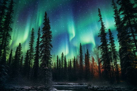 Northern Lights illuminating the night sky over Alaska, capturing the mystical and captivating beauty of this natural phenomenon. Generative AIの素材