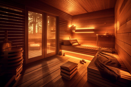 An image showcasing a tranquil sauna room with soft lighting, wooden interior, and comfortable seating, creating an inviting atmosphere for relaxation and wellness. Generative AIの素材