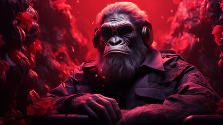 A vibrant, image showcases a charismatic, headphone-wearing gorilla against a bold red backdrop. The gorilla, adorned with glasses, exudes a sense of coolness and is engrossed in music. Generative Aiの素材