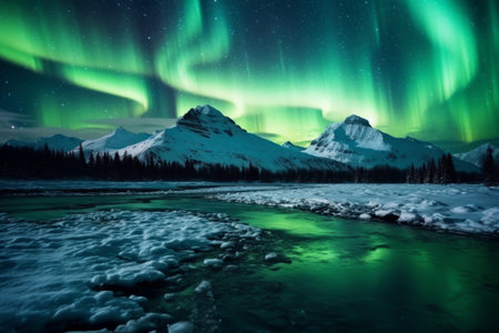 Northern Lights illuminating the night sky over Alaska, capturing the mystical and captivating beauty of this natural phenomenon. Generative AIの素材