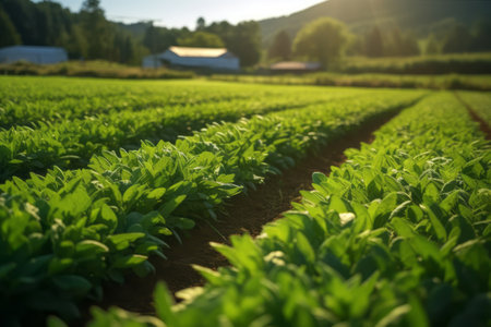A panoramic view of a lush green farm with rows of crops stretching into the distance, showcasing the vastness and productivity of modern agriculture. Generative Aiの素材
