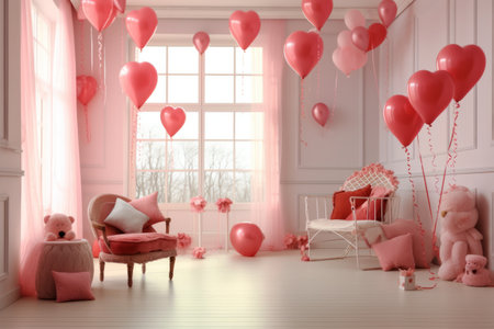 A visually appealing image displaying Valentine-themed decor, including heart-shaped balloons, garlands, and festive ornaments, inspiring the creation of a romantic ambiance. Generative Aiの素材