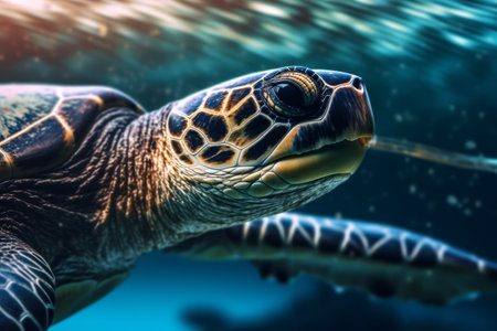 A powerful underwater shot of a plastic straw lodged in the nostril of a sea turtle, serving as a reminder of the harmful effects of single-use plastics. Generative AIの素材