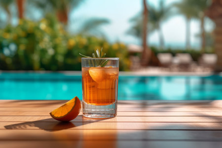A tropical paradise setting with palm trees and turquoise waters, accompanied by a glass of orange juice, evoking a sense of relaxation and escape. Generative Aiの素材