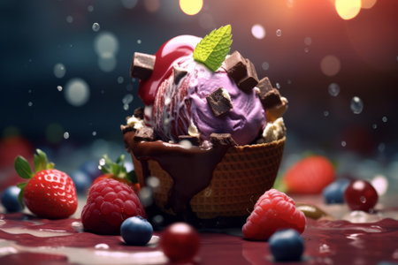 A visually stunning image showcasing a scoop of ice cream gently melting over a perfectly styled dessert, creating a mouthwatering effect that appeals to the senses. Generative Aiの素材