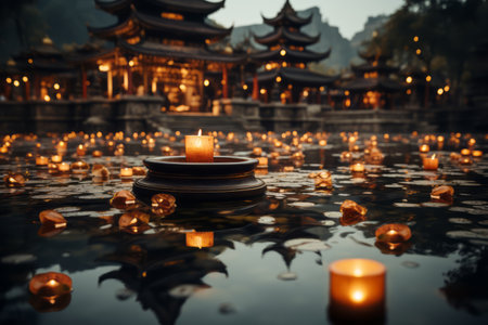 A mesmerizing photo of a Buddhist temple illuminated by soft candlelight or lanterns, creating a serene and peaceful ambiance. Generative Aiの素材