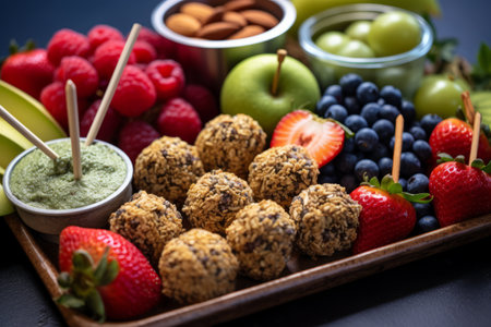 Collection of nutritious and satisfying vegan snacks, such as energy balls, kale chips, nut butter spreads, and fresh fruit skewers, promoting the idea of guilt-free snacking. Generative AIの素材