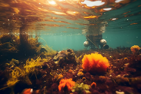An underwater scene showing an oil spill contaminating the pristine waters, emphasizing the importance of responsible oil and gas practices. Generative Aiの素材