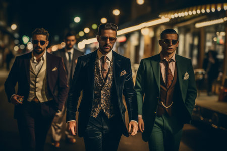 A group of sharp-dressed mobsters walking down a city street at night, casting dramatic shadows as they assert their dominance. Generative AIの素材