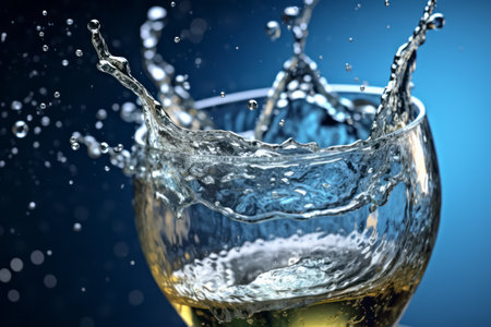A series of visually stunning water droplets falling into a glass of mineral water, capturing the essence of purity and vitality. Generative Aiの素材