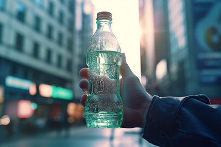 A dynamic shot of a person holding a bottle of mineral water against a backdrop of an active urban environment, symbolizing hydration on the go. Generative AIの素材