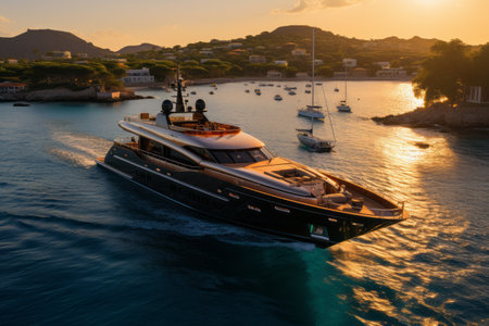 The sun casts a gentle glow on the azure waters as the luxurious private yacht anchors in a pristine bay. Generative Aiの素材