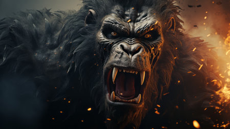 The image shows a fierce-looking gorilla in front of an intense background of flames. Image conveys a sense of danger and ferocity. Generative AIの素材
