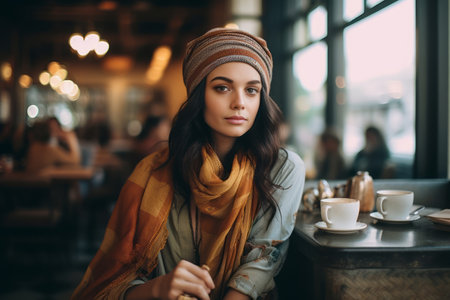 A young model wearing a stylish outfit and accessories, sitting in a trendy cafÃ©, exuding charm and capturing the essence of urban life. Generative Aiの素材