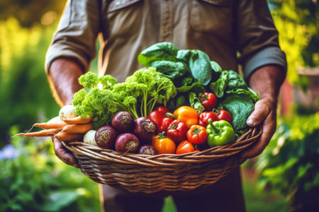A farmer inspecting a basket of freshly harvested vegetables, displaying the fruits of their labor and promoting the freshness and quality of farm-to-table produce. Generative AIの素材