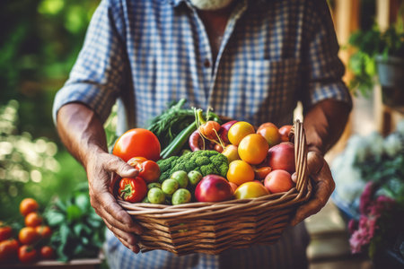 A farmer inspecting a basket of freshly harvested vegetables, displaying the fruits of their labor and promoting the freshness and quality of farm-to-table produce. Generative AIの素材