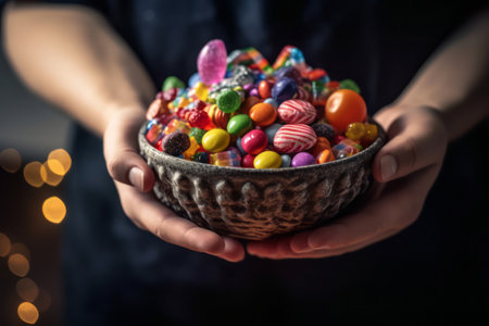 A close-up shot of hands holding a bowl filled with colorful Halloween candies, tempting viewers with the sweet treats of the season. Generative Aiの素材