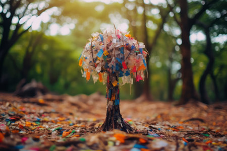 A visually striking image of a tree plastic waste, symbolizing the detrimental effects of littering and improper waste disposal in forests. Generative AIの素材